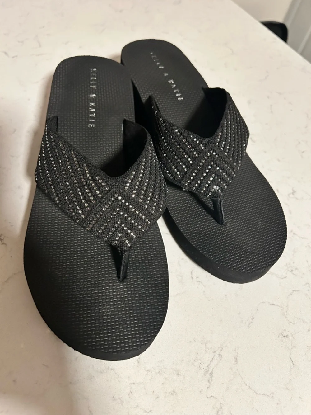 Kelly & Katie Black Wedge Flip Flop Thong Platform Sandal with Rhinestone Accent - Picture 13 of 16